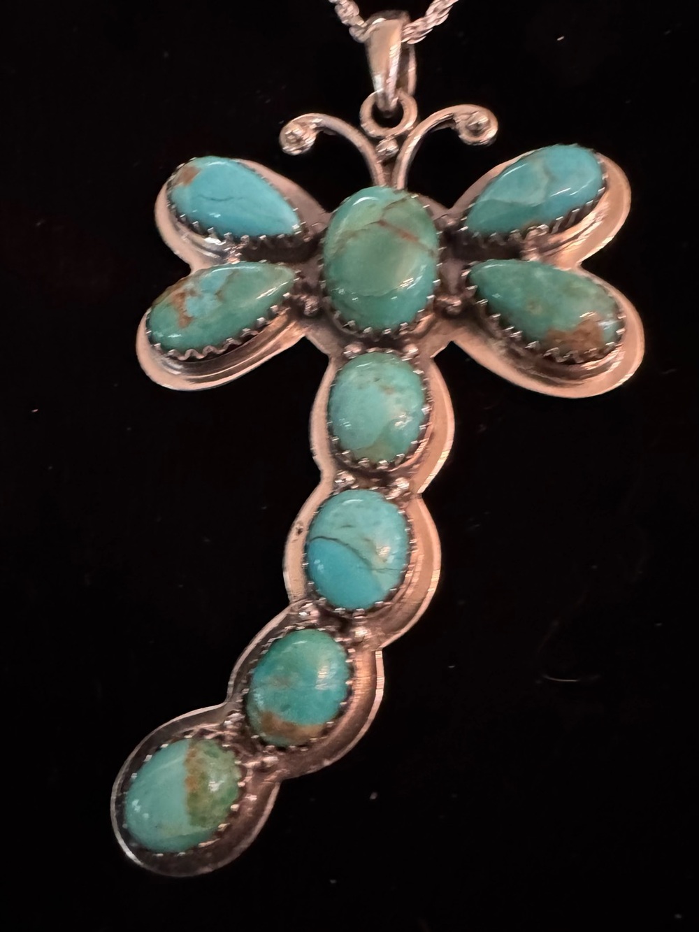 Huge Genuine, Turquoise‎ Dragonfly sterling silver Pendant Necklace with chain